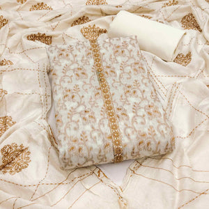 Elegant Offwhite Cotton Blend Dress Material Featuring Floral & Paisley Prints With Embroidery Work