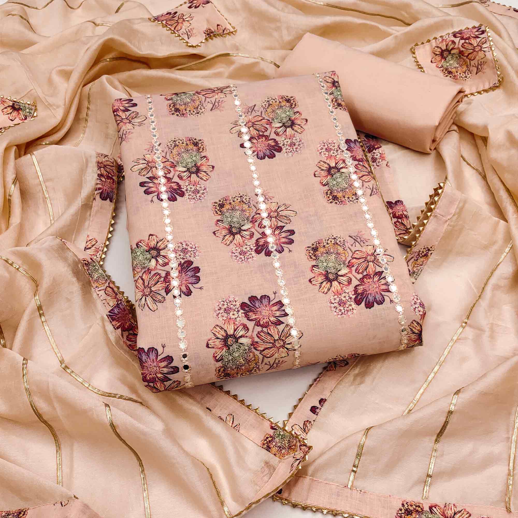 Stylish Peach Floral Print Cotton Blend Dress Material With Delicate Embroidery Work