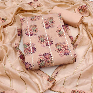 Stylish Peach Floral Print Cotton Blend Dress Material With Delicate Embroidery Work