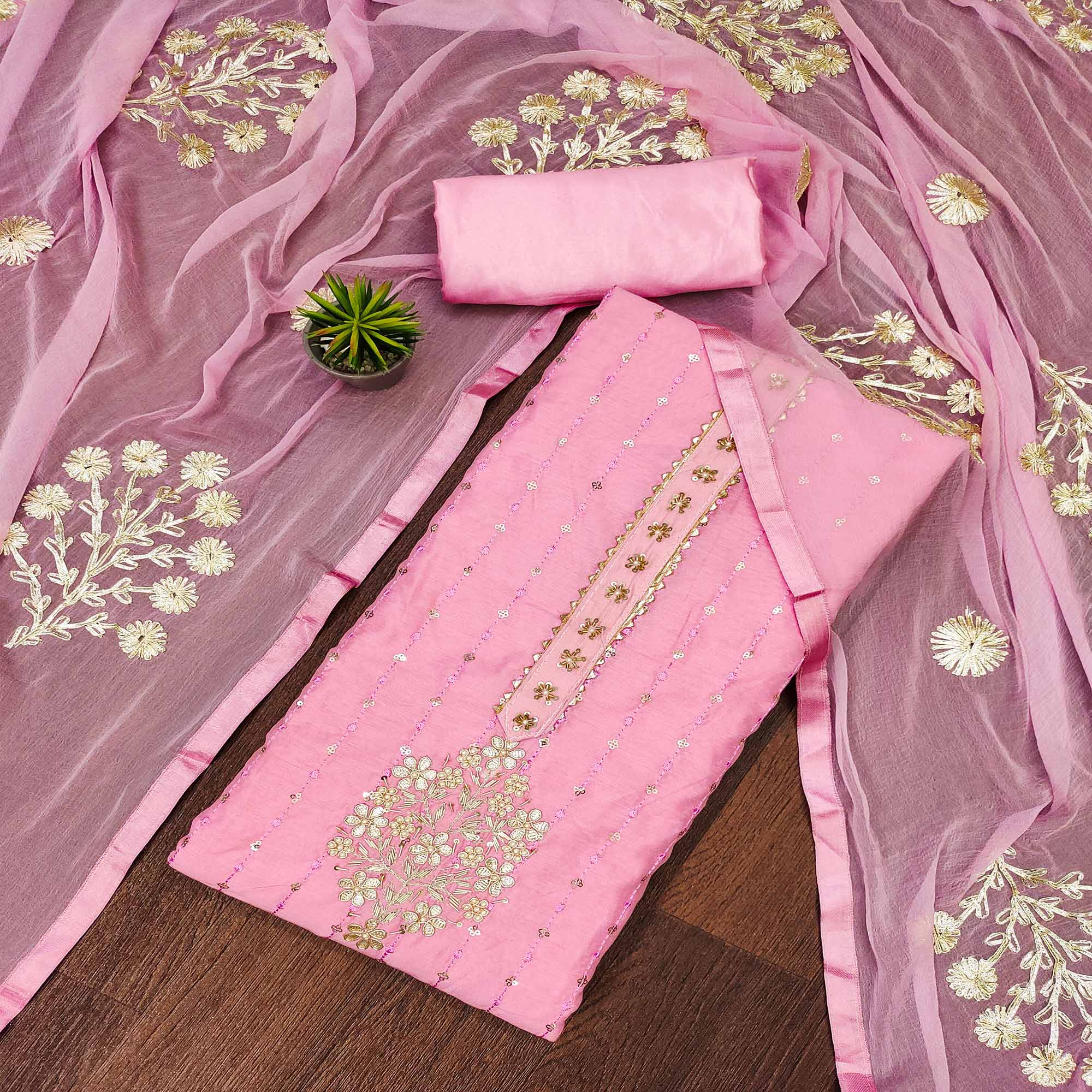 Pink Floral Embroidered Chanderi Dress Material