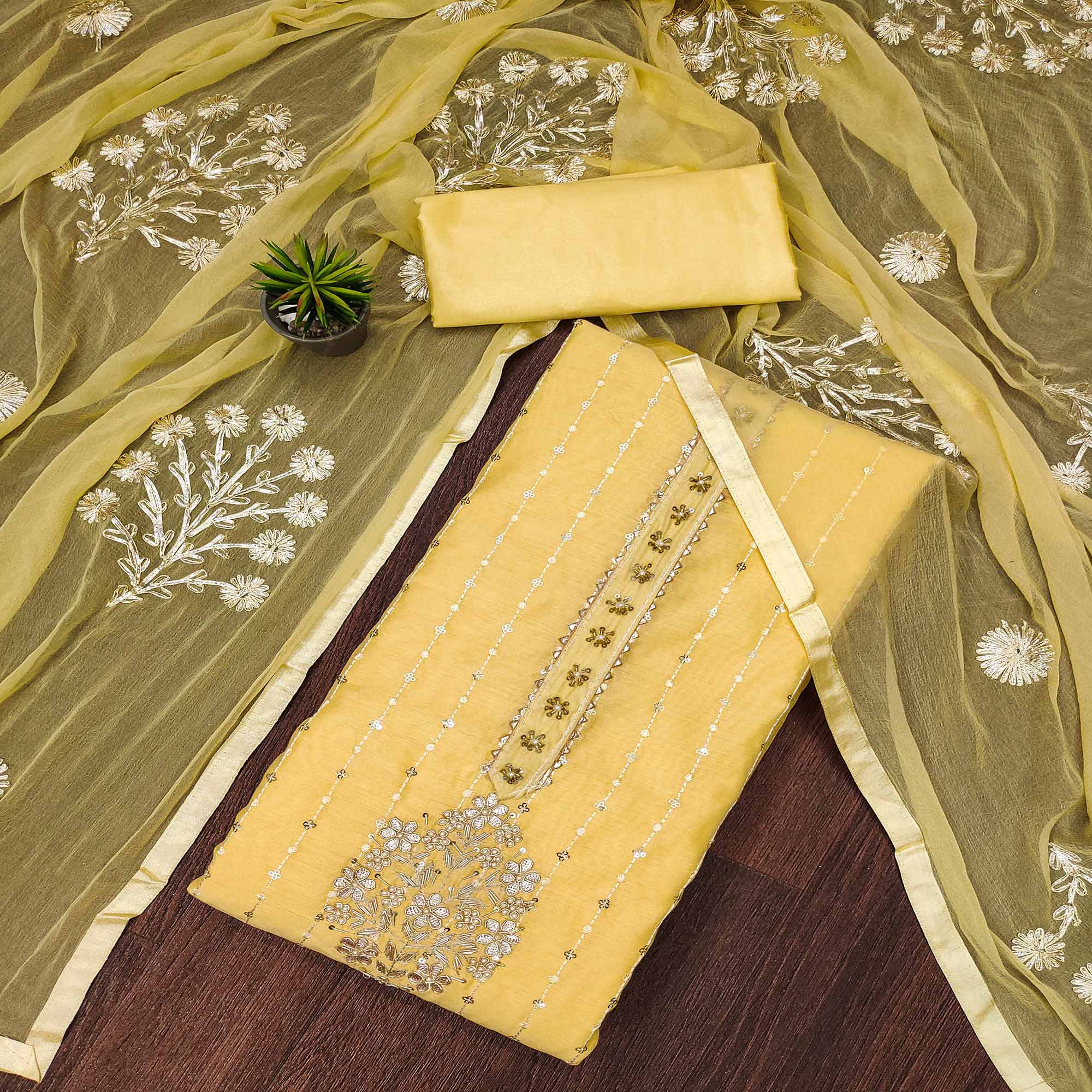 Yellow Floral Embroidered Chanderi Dress Material