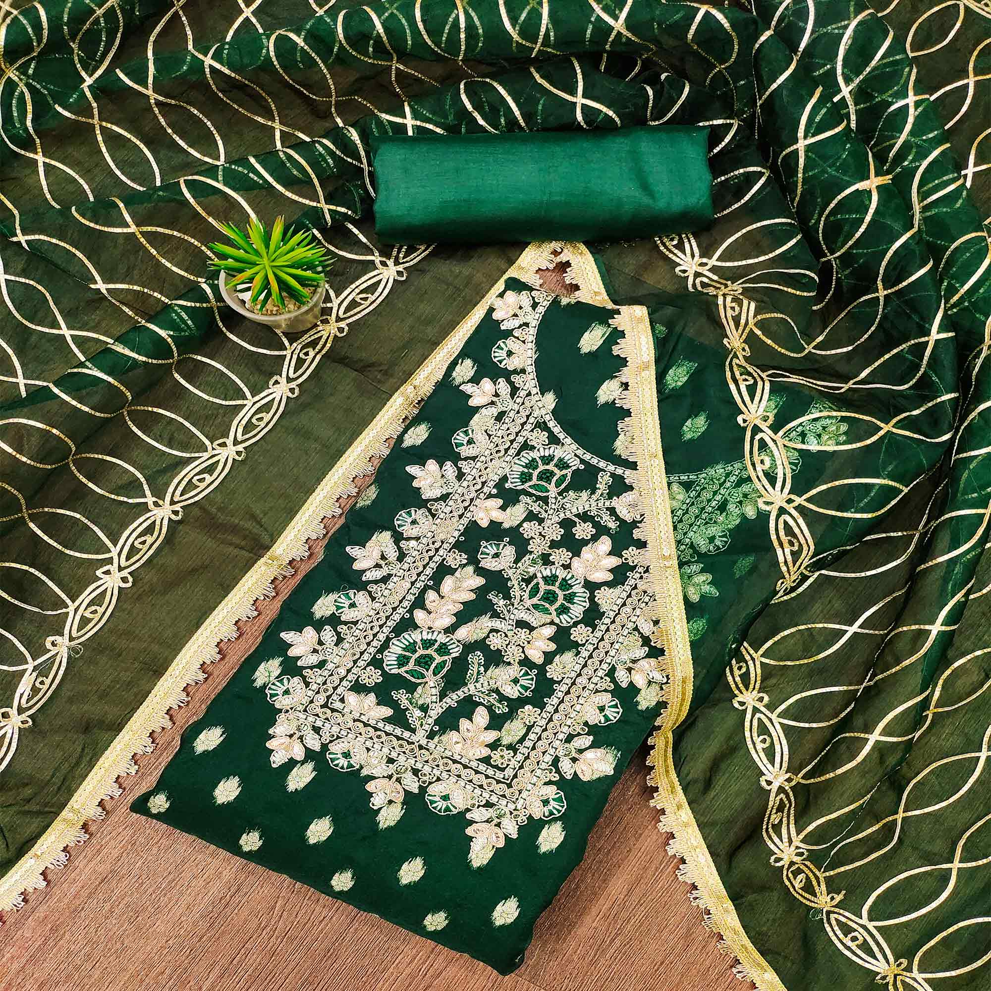 Green Floral Woven Organza Dress Material