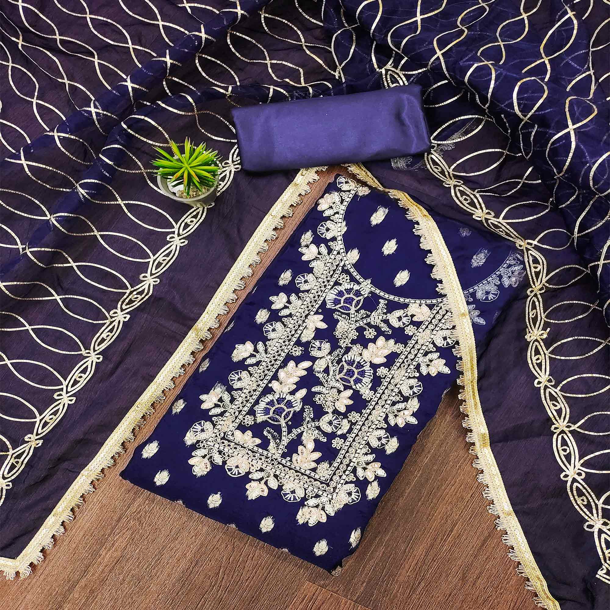 Navy Blue Floral Woven Organza Dress Material