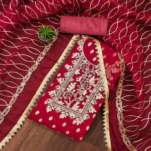 Red Floral Woven Organza Dress Material