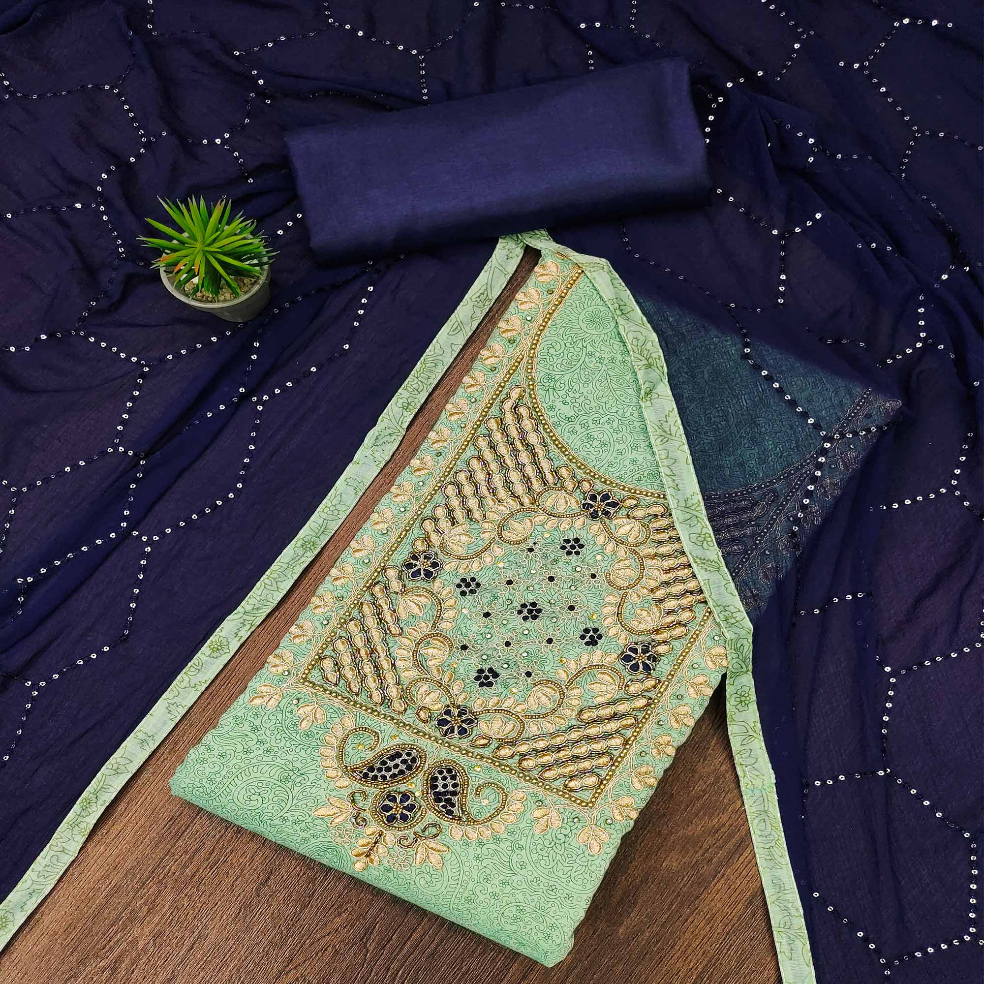 Green Floral Printed Chanderi Dress Material