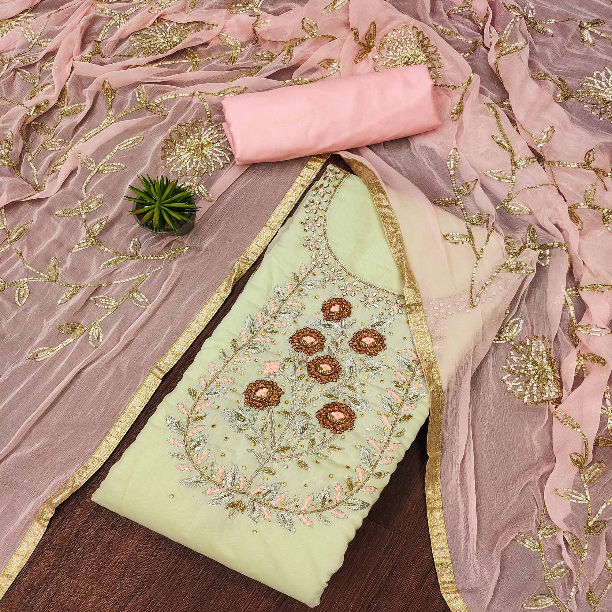 Green Floral Embroidered Chanderi Dress Material