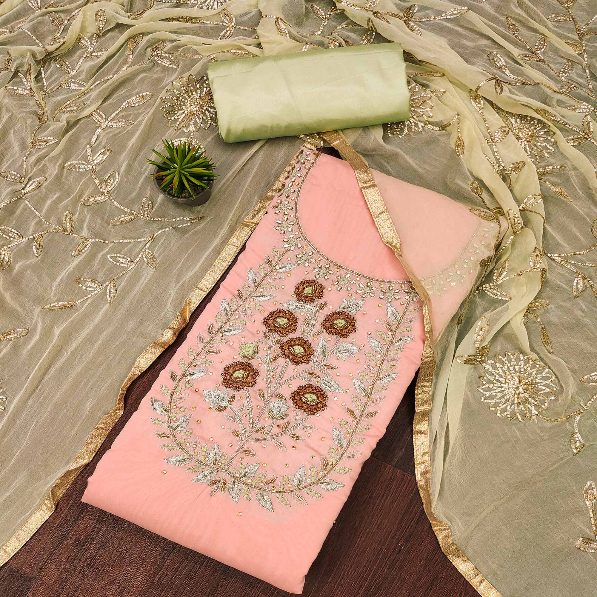 Peach Floral Embroidered Chanderi Dress Material
