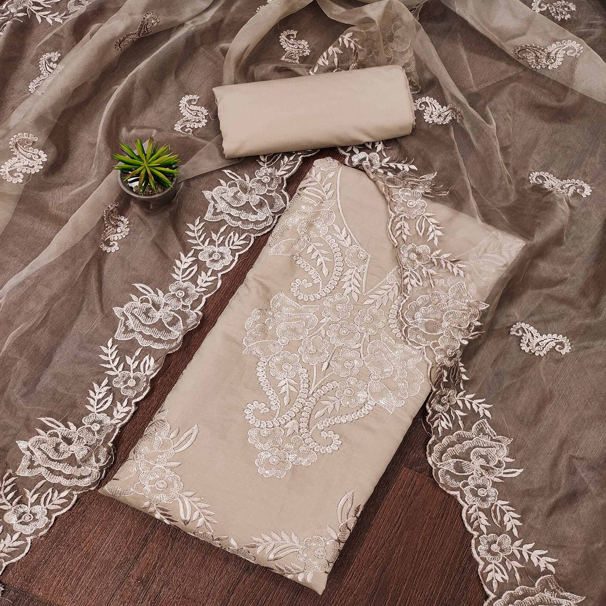 Beige Floral Embroidered Cotton Blend Dress Material