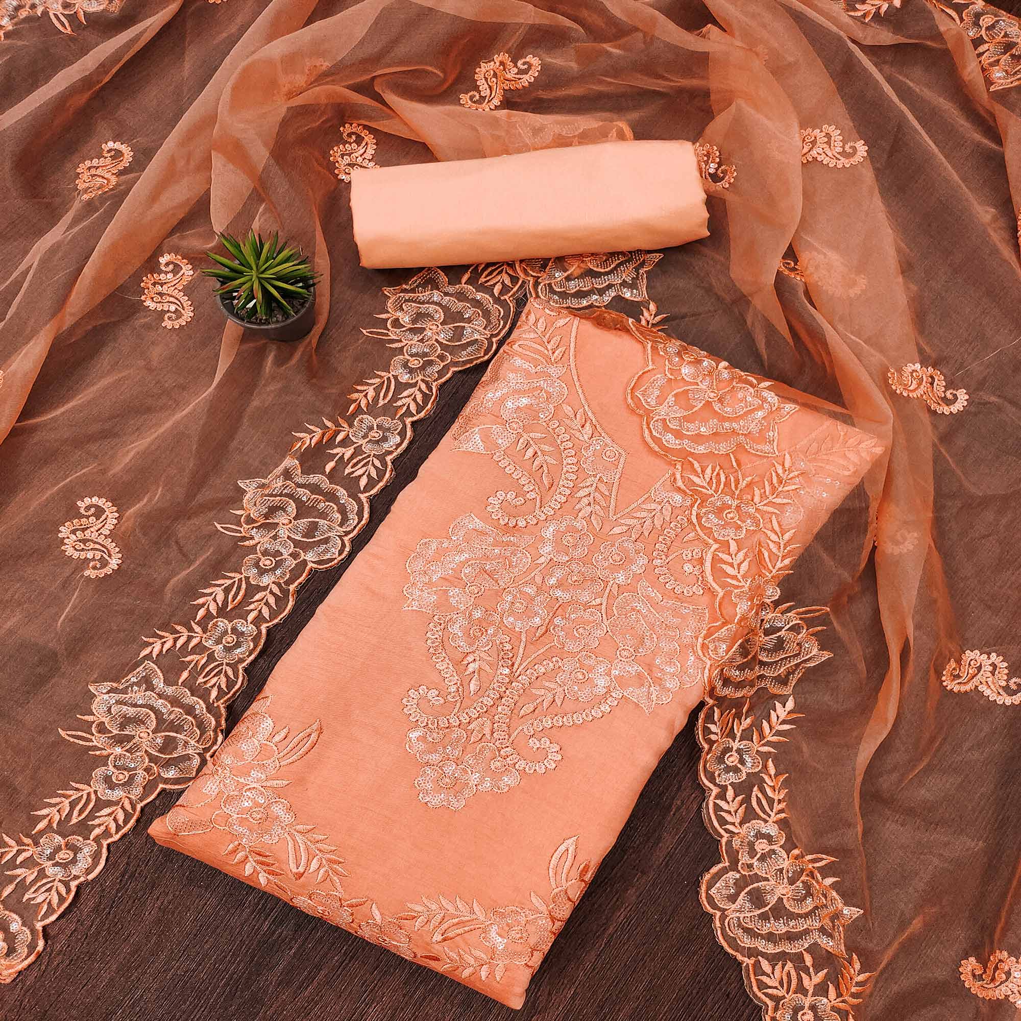 Orange Floral Embroidered Cotton Blend Dress Material