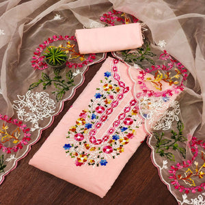 Peach Floral Embroidered Chanderi Dress Material