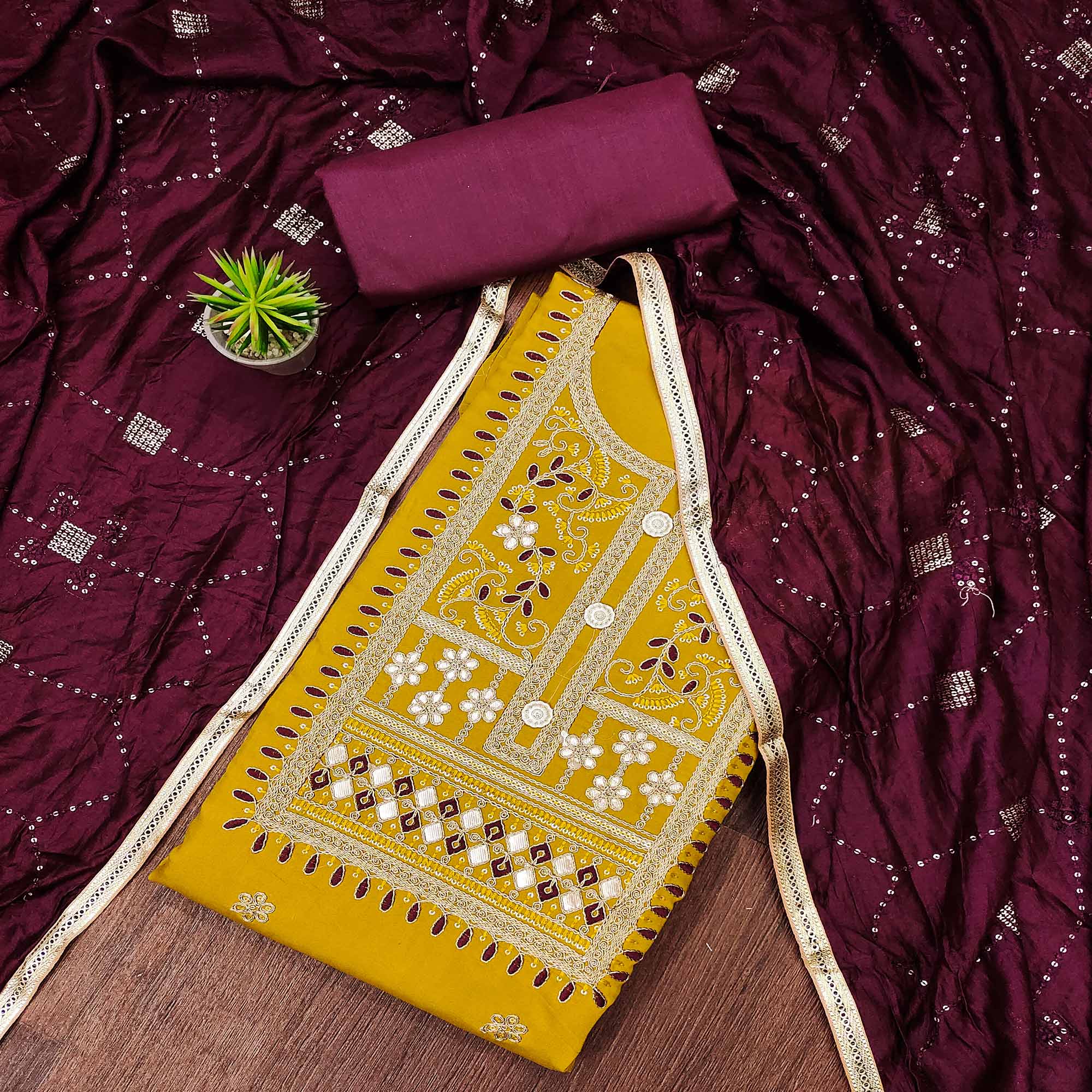 Mustard Floral Embroidered Cotton Silk Dress Material