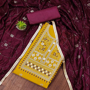 Mustard Floral Embroidered Cotton Silk Dress Material