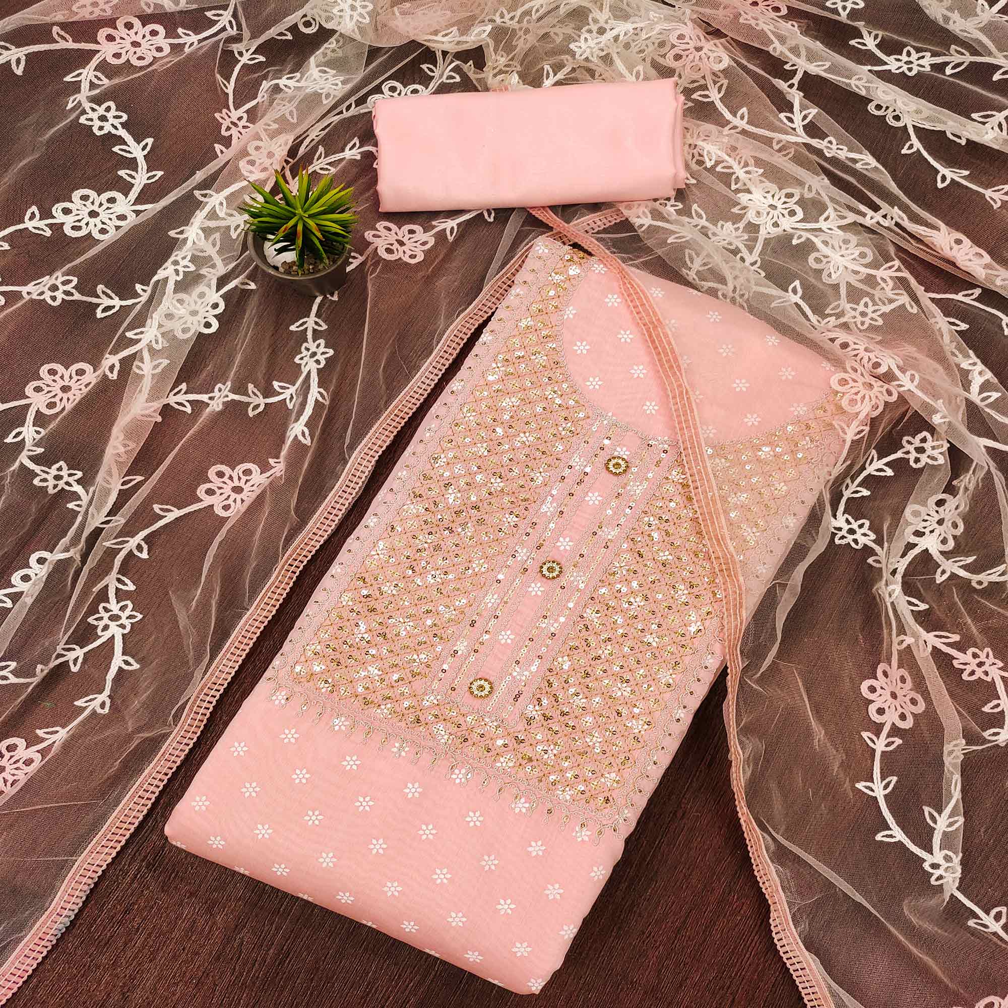 Peach Printed With Embroidered Chanderi Dress Material