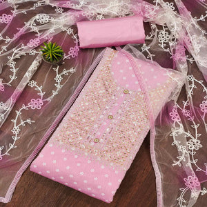Pink Printed With Embroidered Chanderi Dress Material