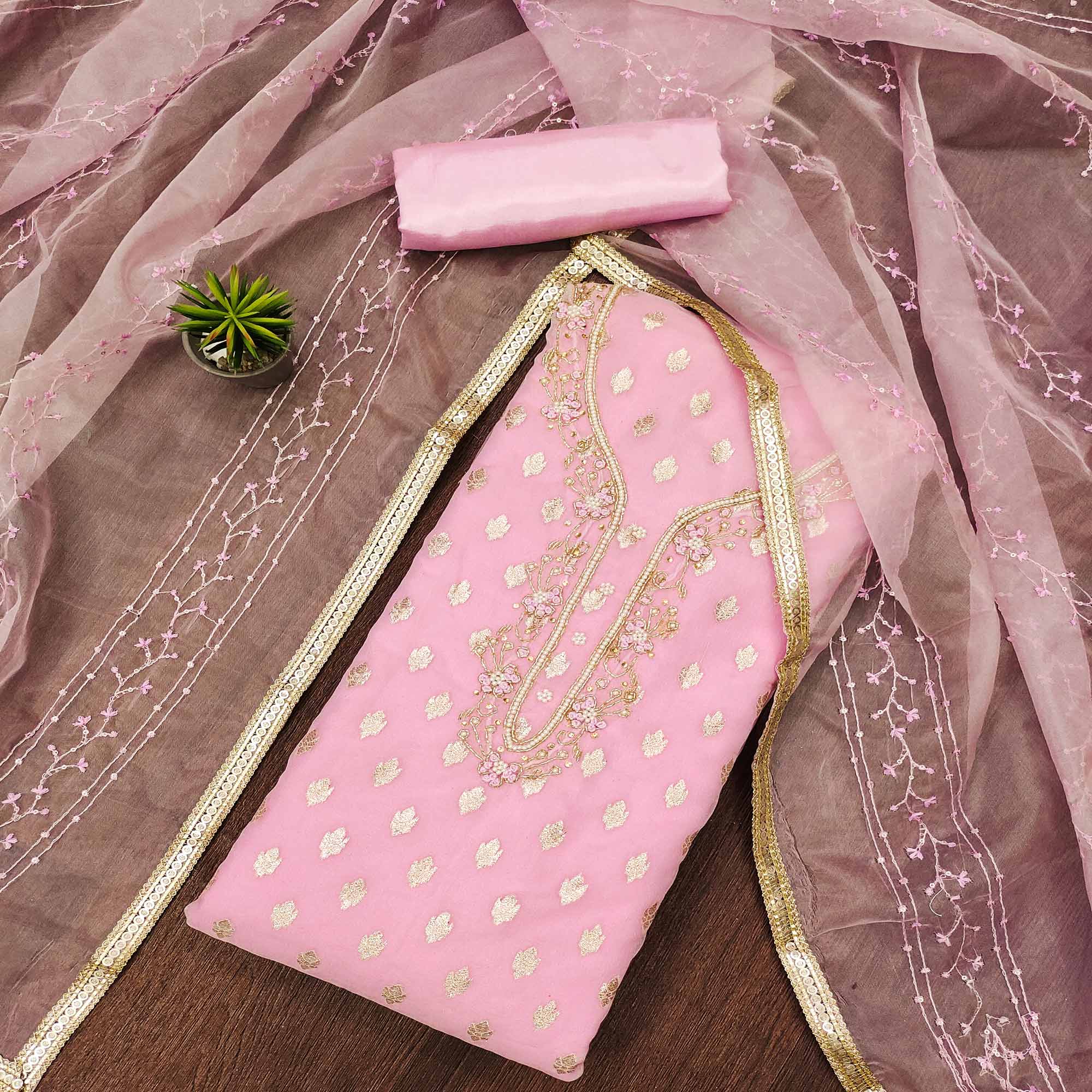 Pink Woven Organza Dress Material