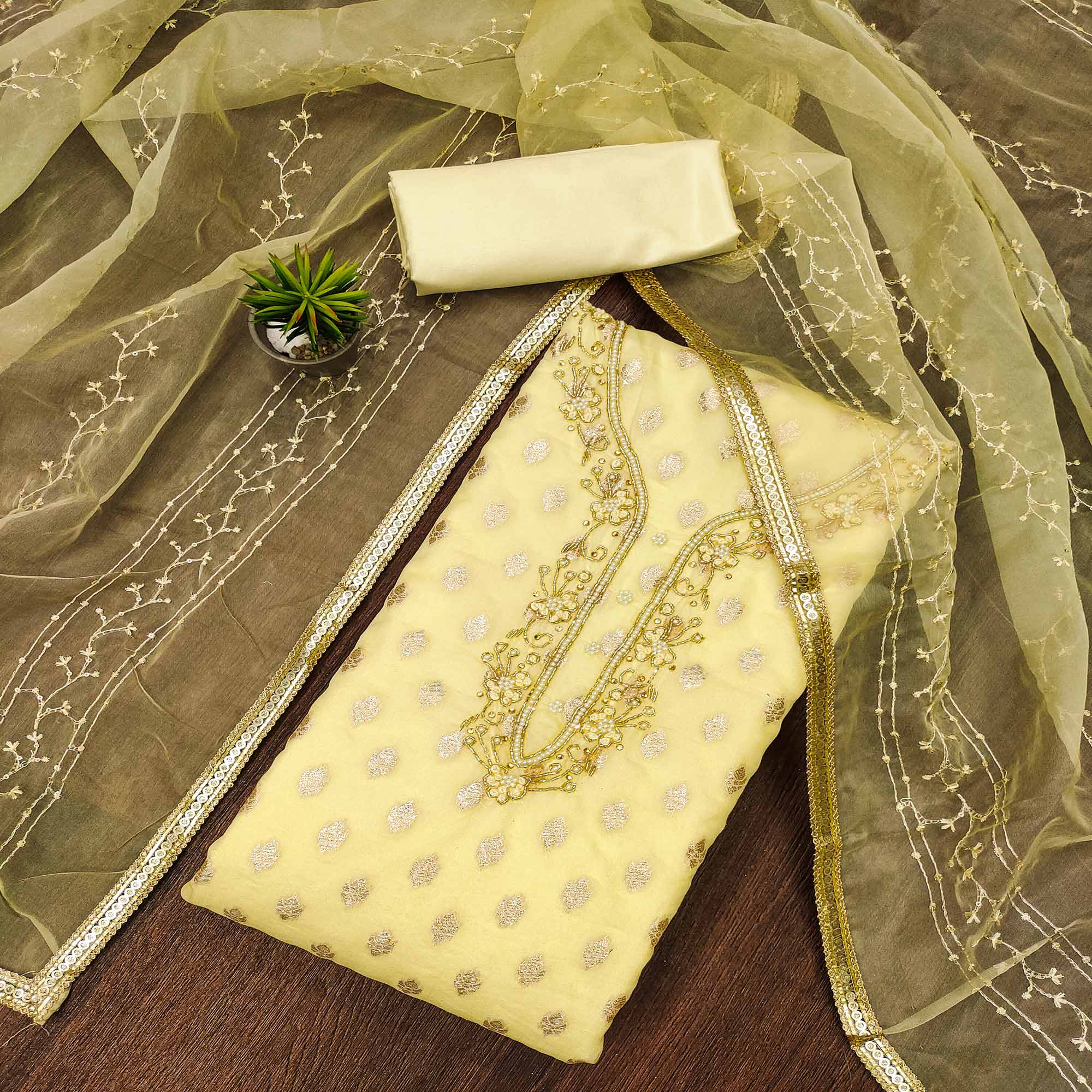 Yellow Woven Organza Dress Material