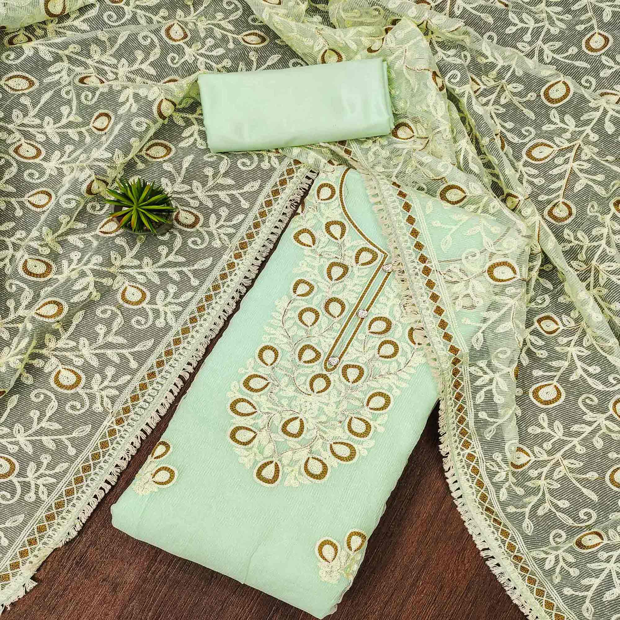 Green Embroidered Kota Doria Dress Material