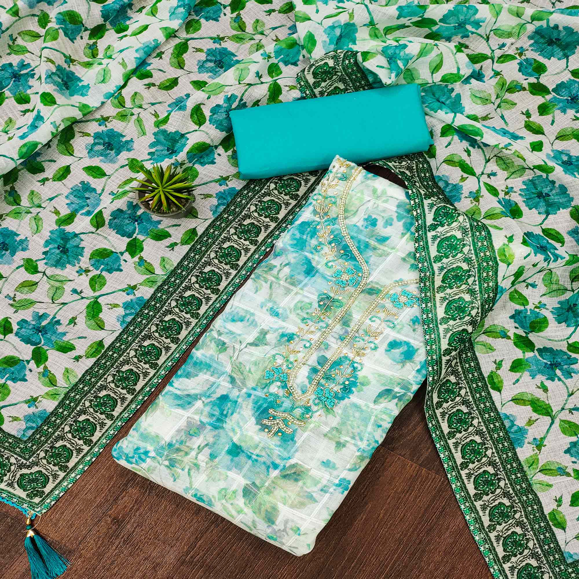 Blue Floral Printed Cotton Dress Material