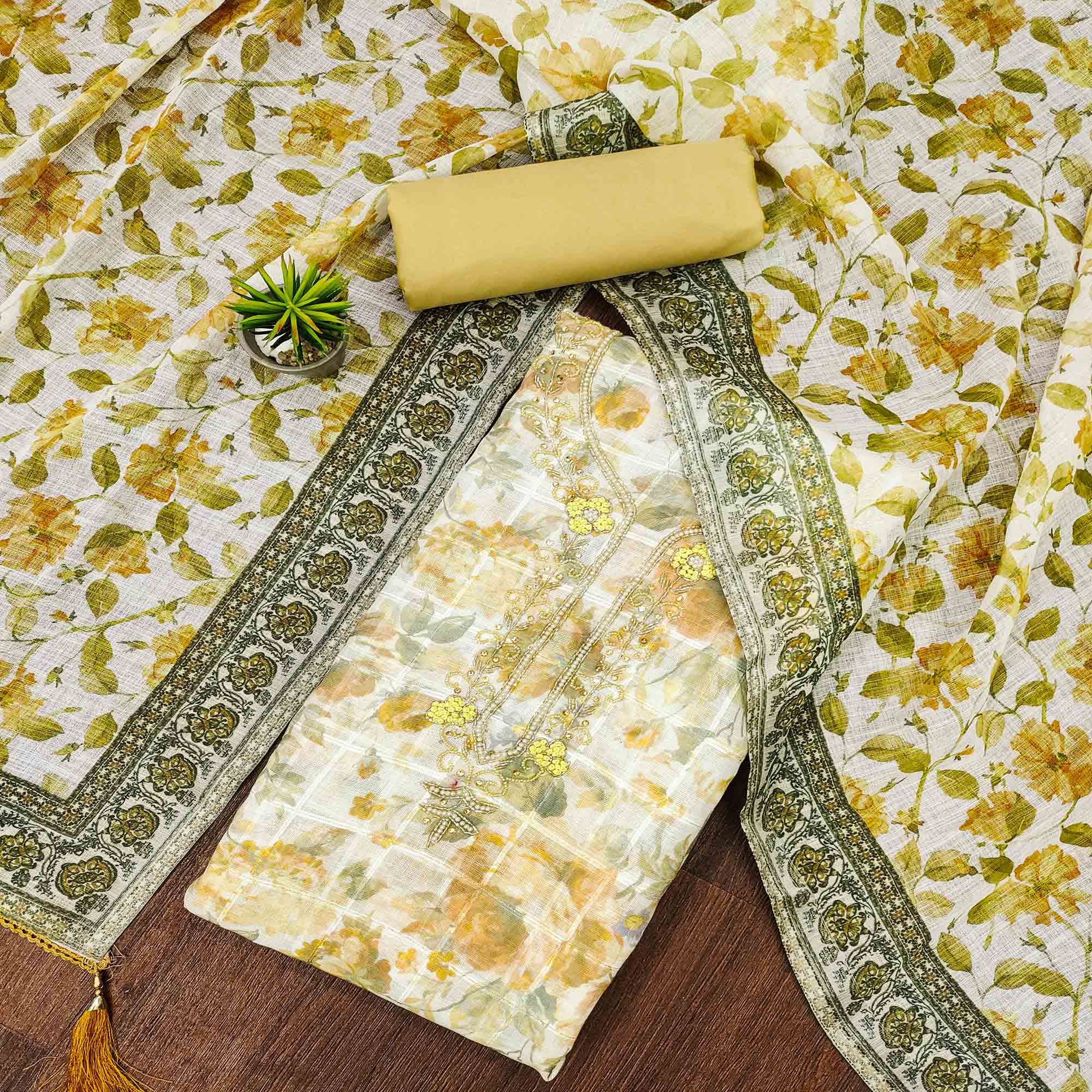 Yellow Floral Printed Cotton Dress Material