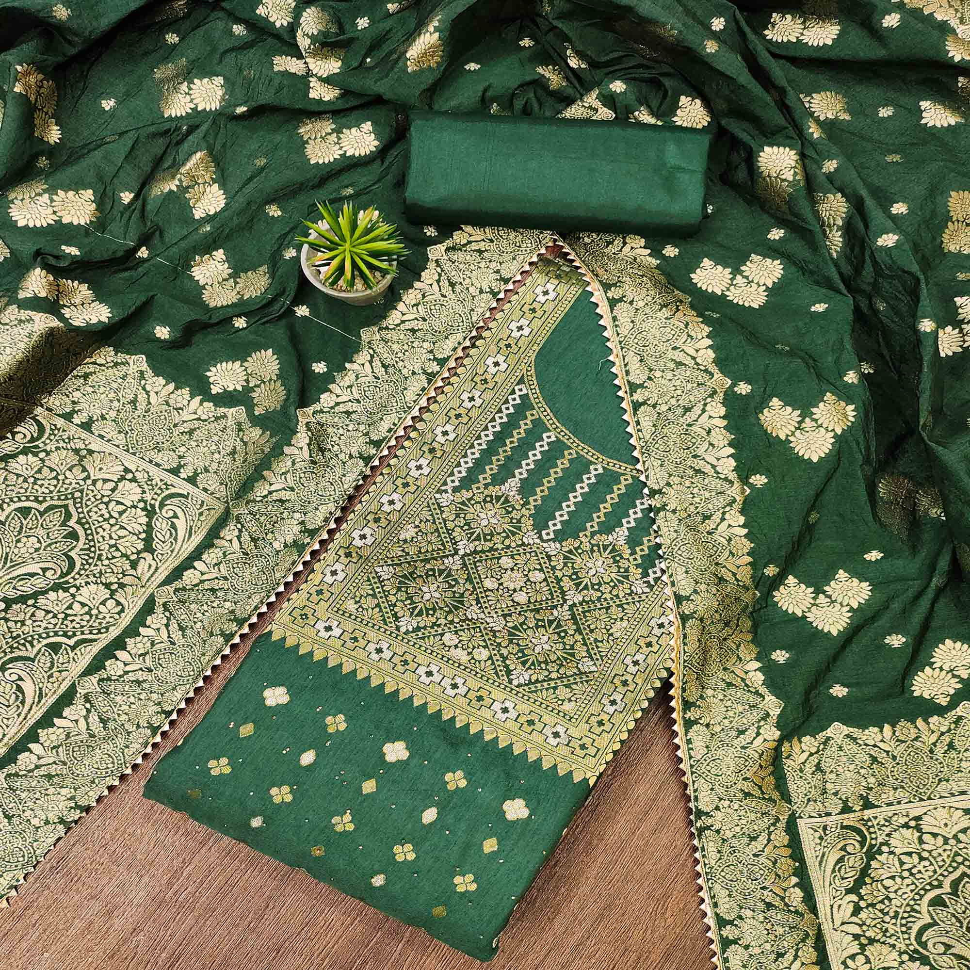Green Woven Cotton Silk Dress Material
