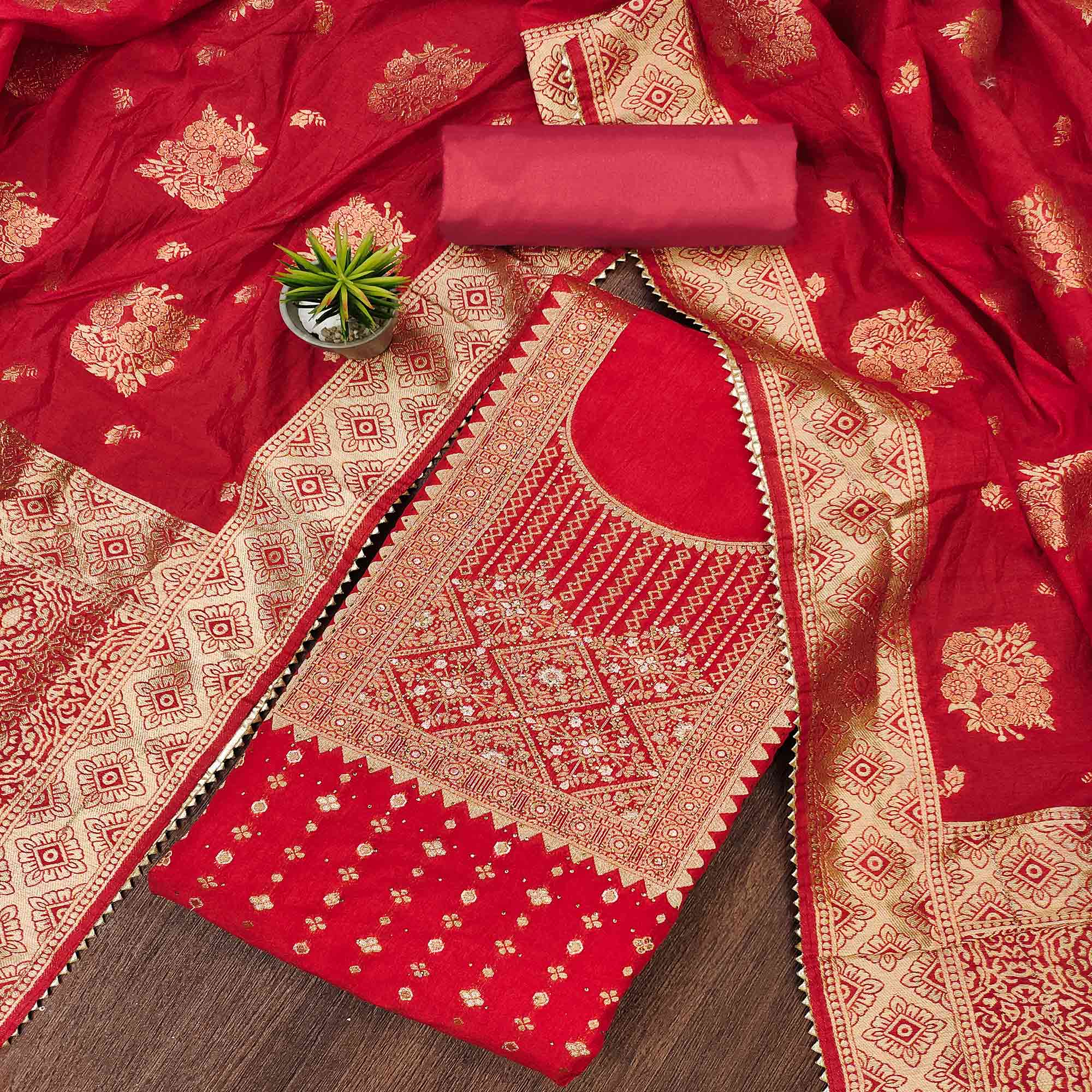 Red Woven Cotton Silk Dress Material