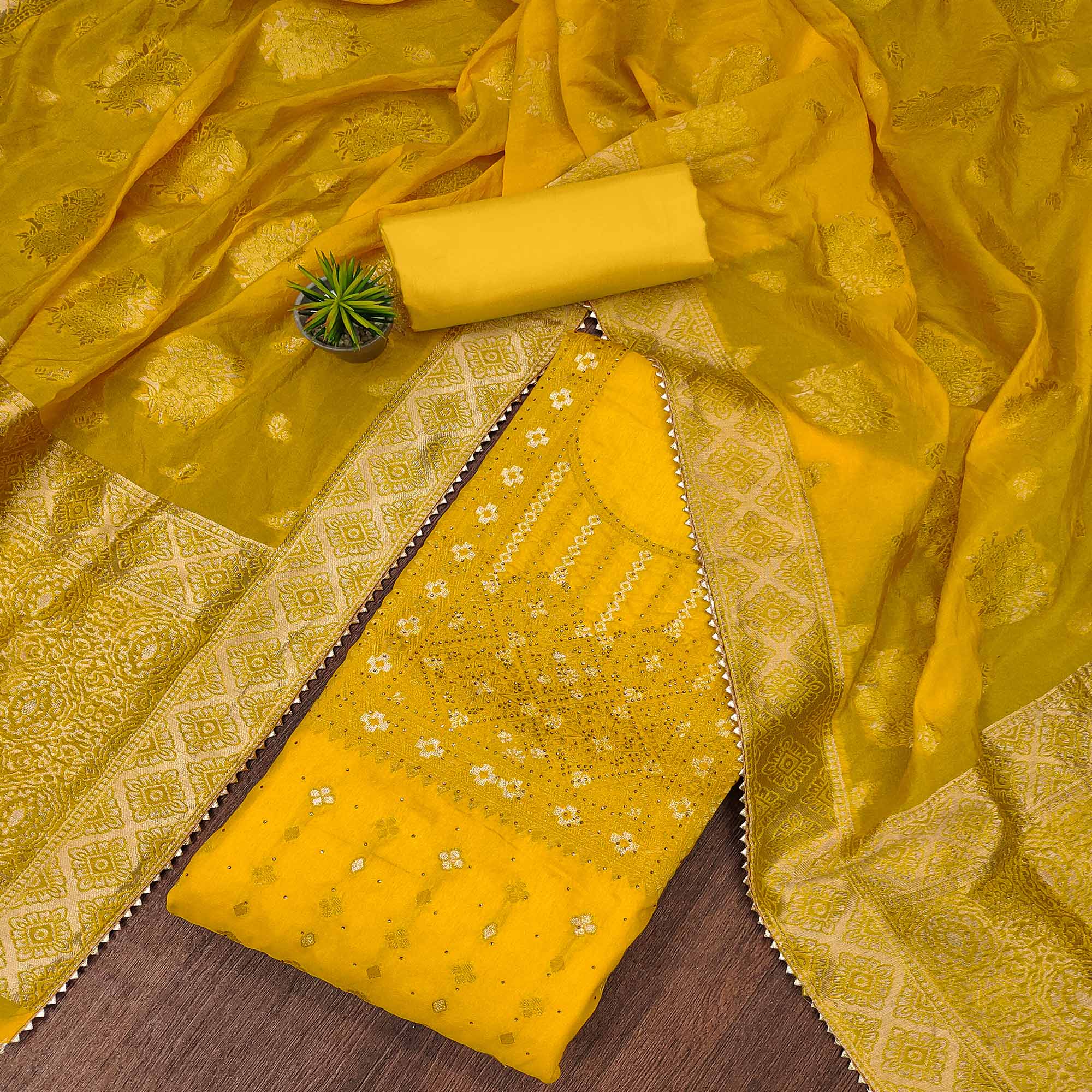 Yellow Woven Cotton Silk Dress Material