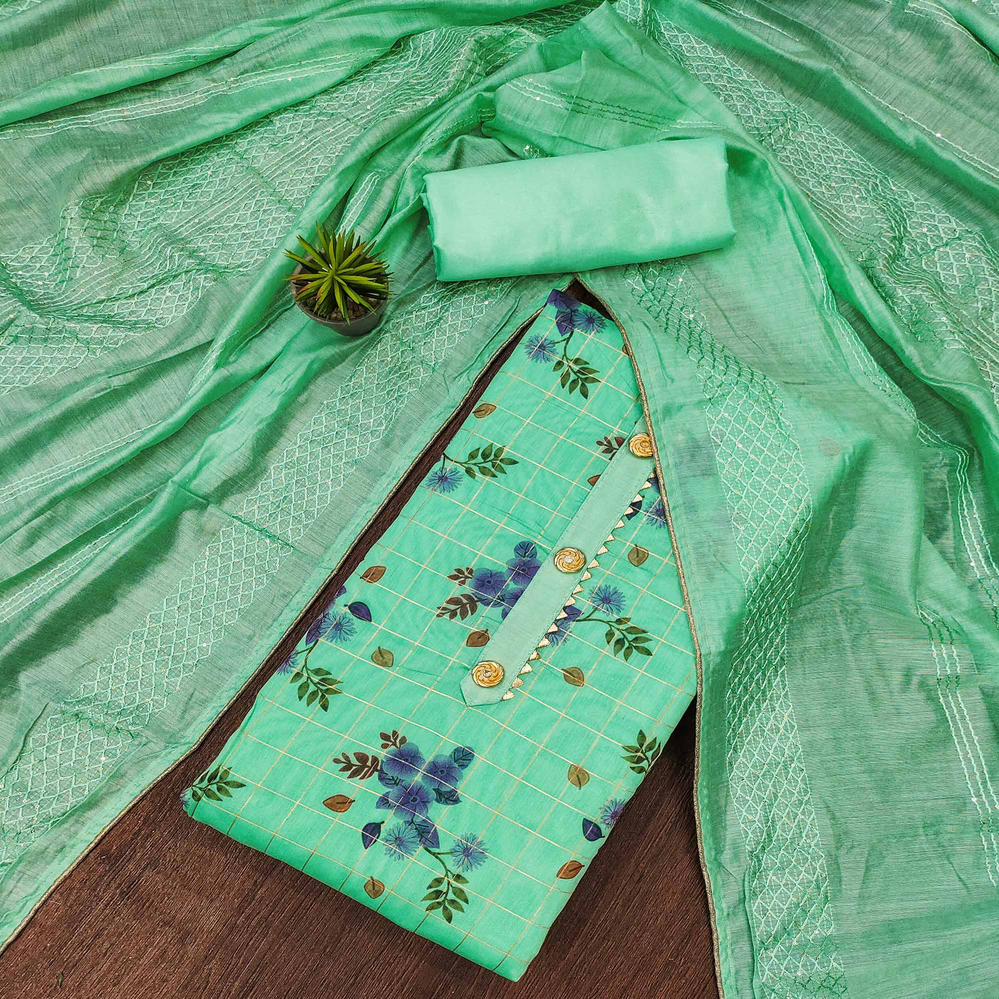 Green Floral Printed Chanderi Dress Material