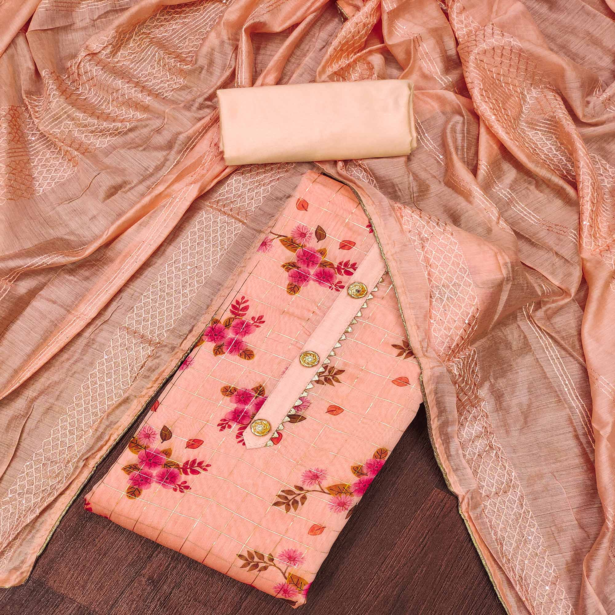 Peach Floral Printed Chanderi Dress Material
