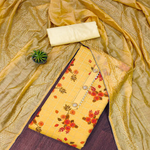 Yellow Floral Printed Chanderi Dress Material