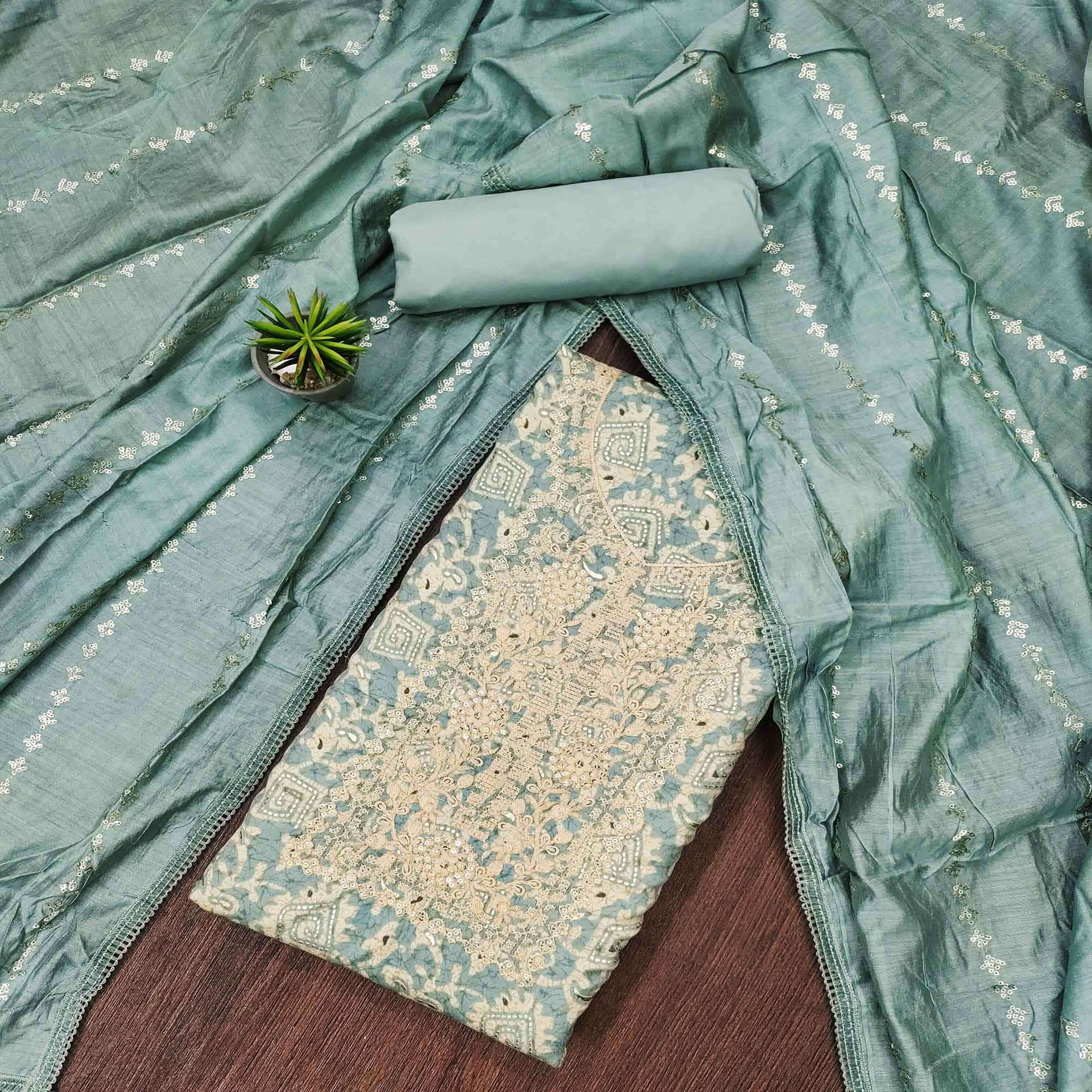 Blue Embroidered With Printed Muslin Dress Material