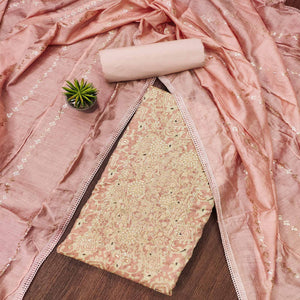 Peach Embroidered With Printed Muslin Dress Material