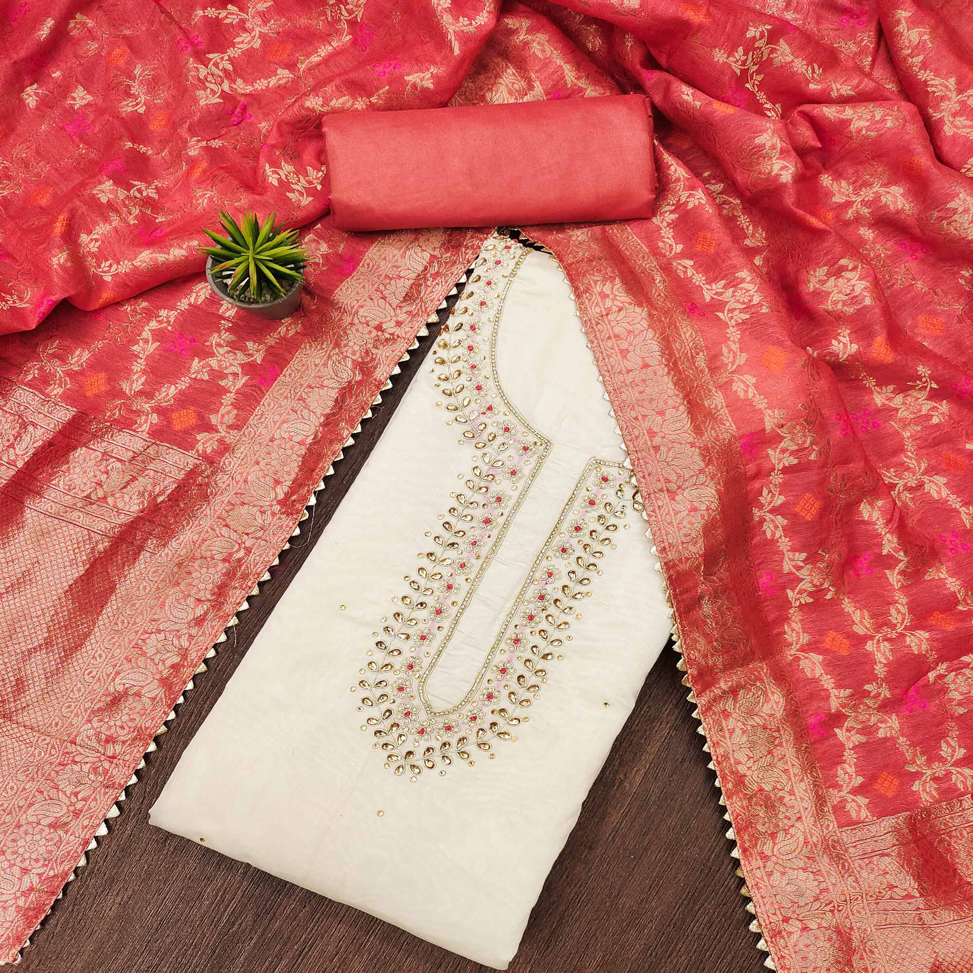 Cream  Handwork Chanderi Dress Material