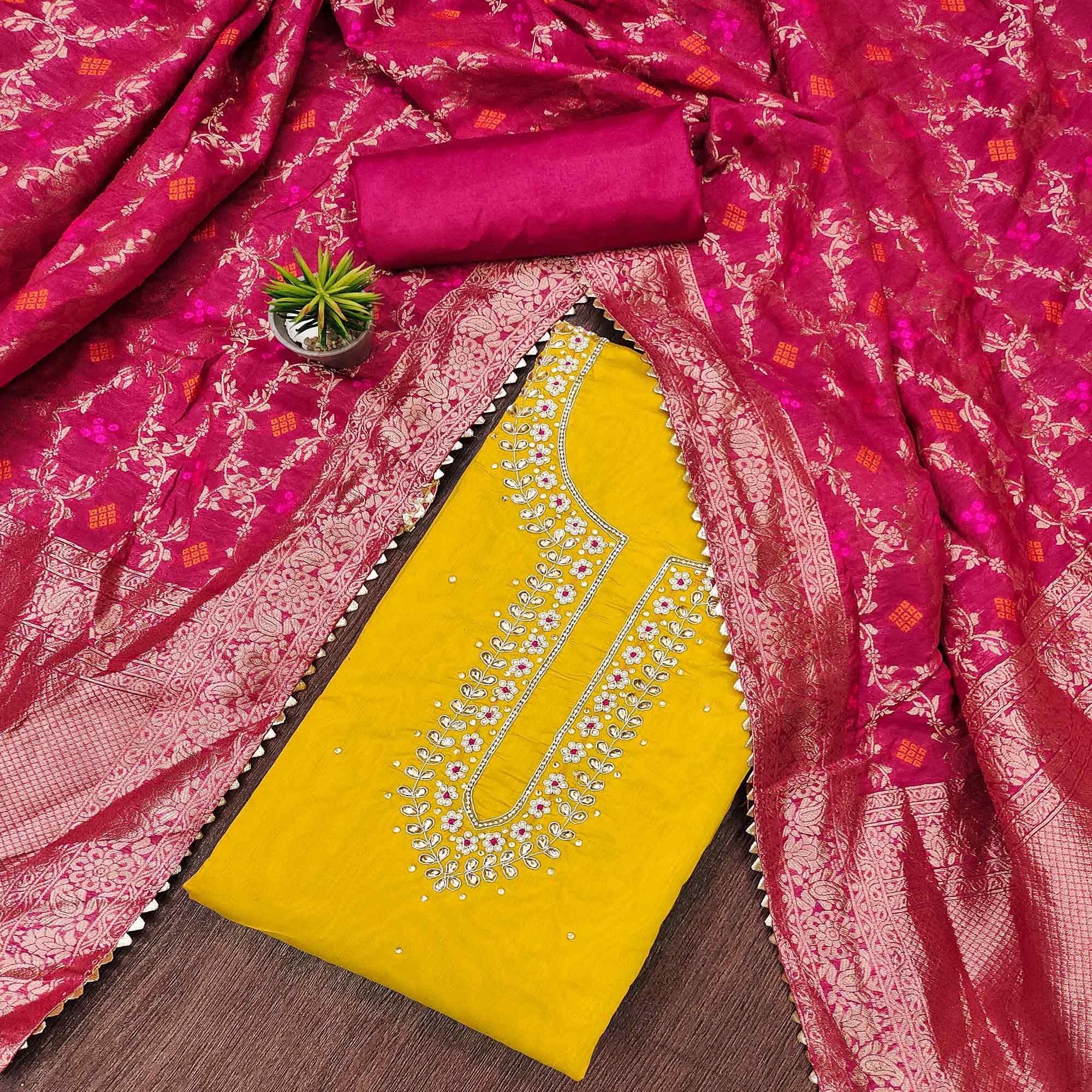Yellow  Handwork Chanderi Dress Material