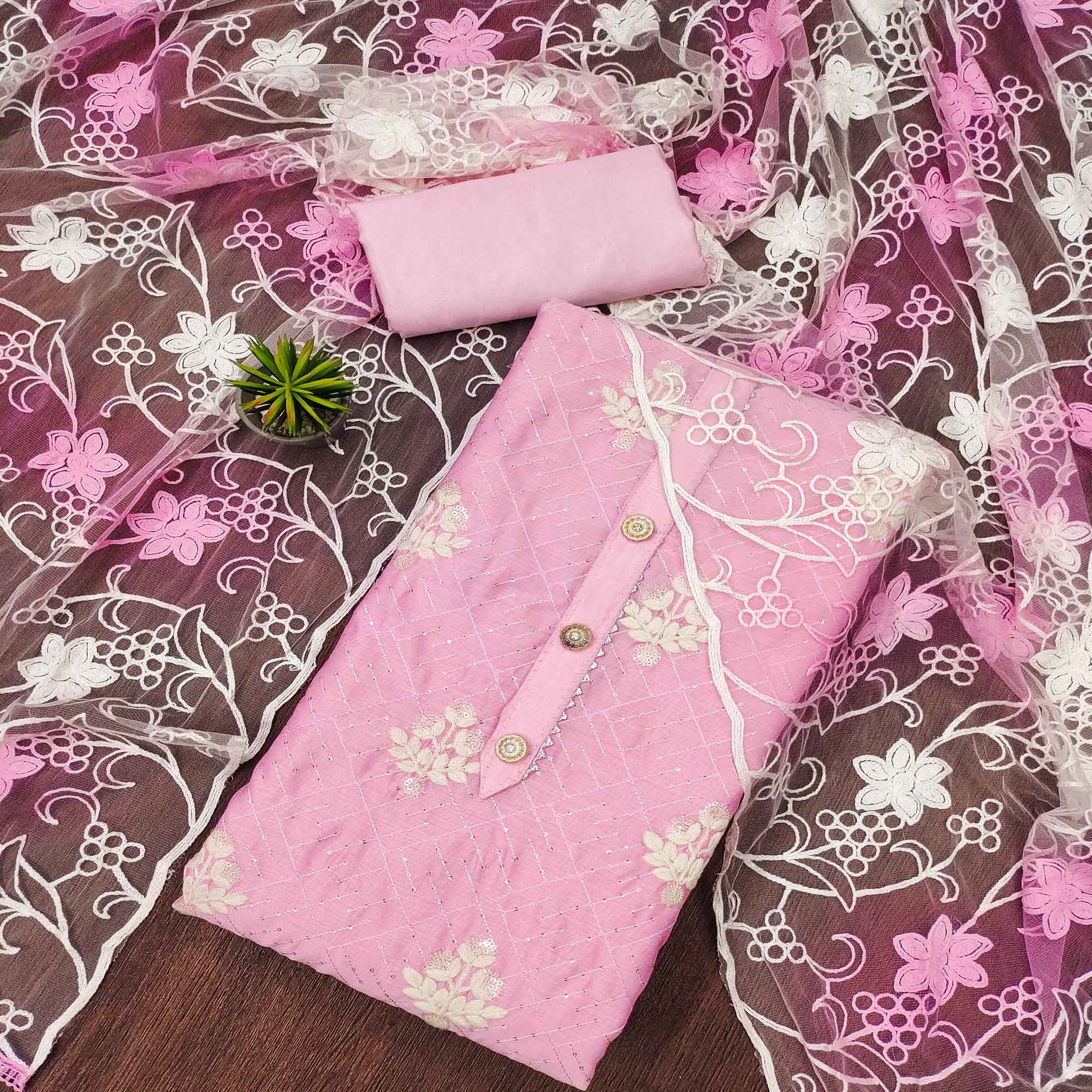 Pink Floral Embroidered Chanderi Dress Material