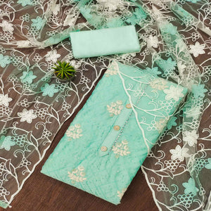 Turquoise Floral Embroidered Chanderi Dress Material