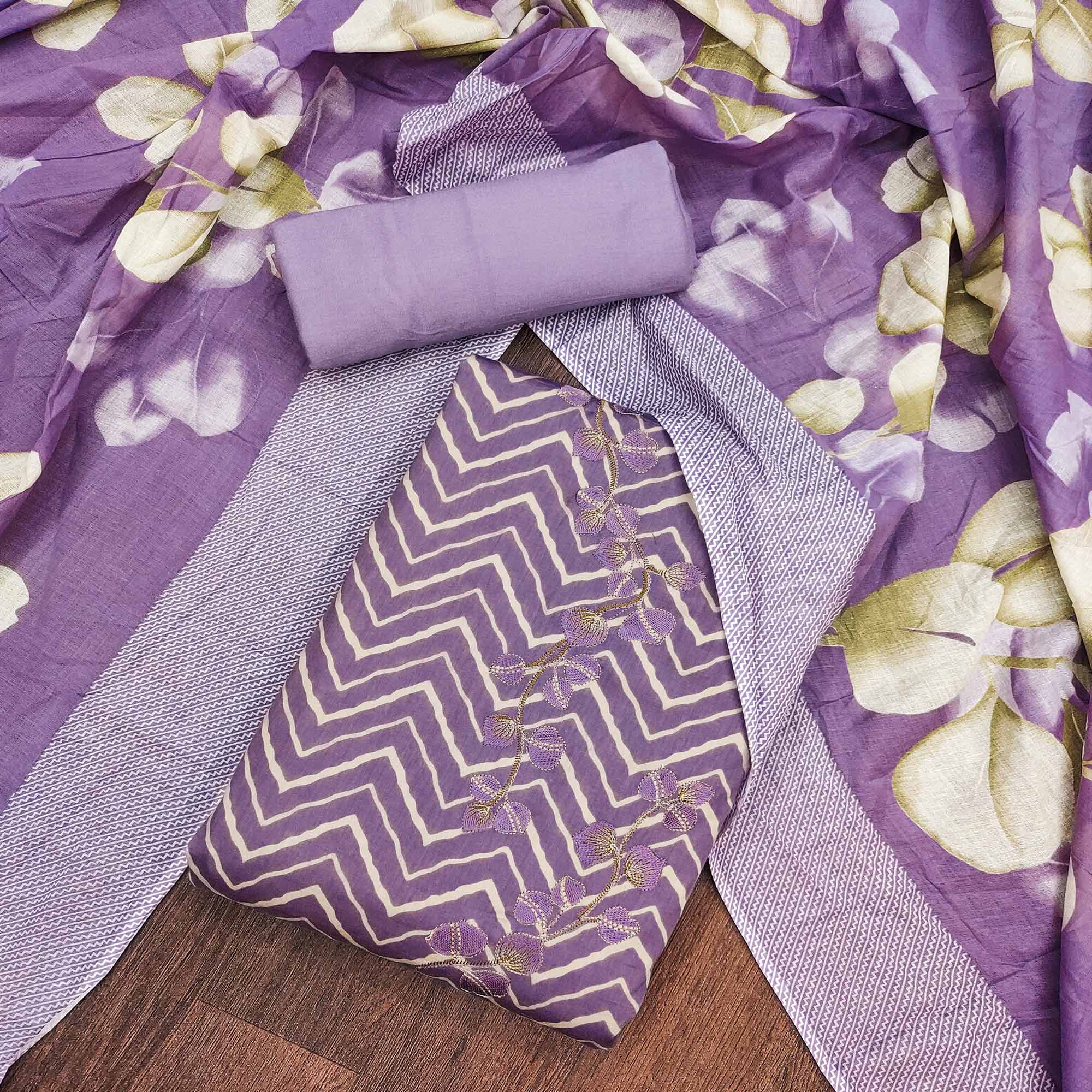 Purple Printed Cotton Silk Dress Material