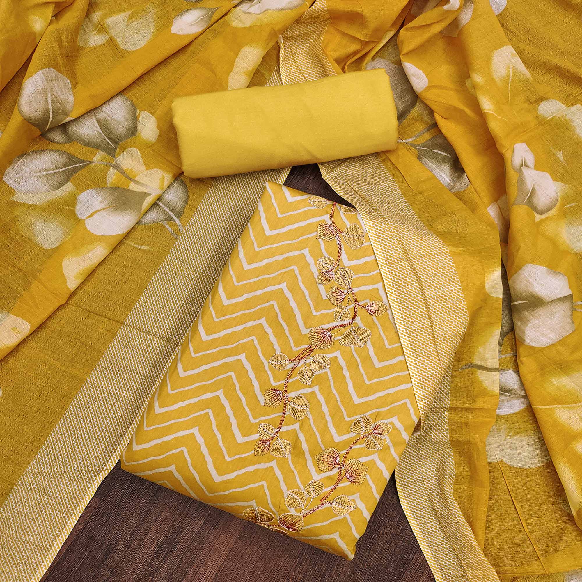 Yellow Printed Cotton Silk Dress Material
