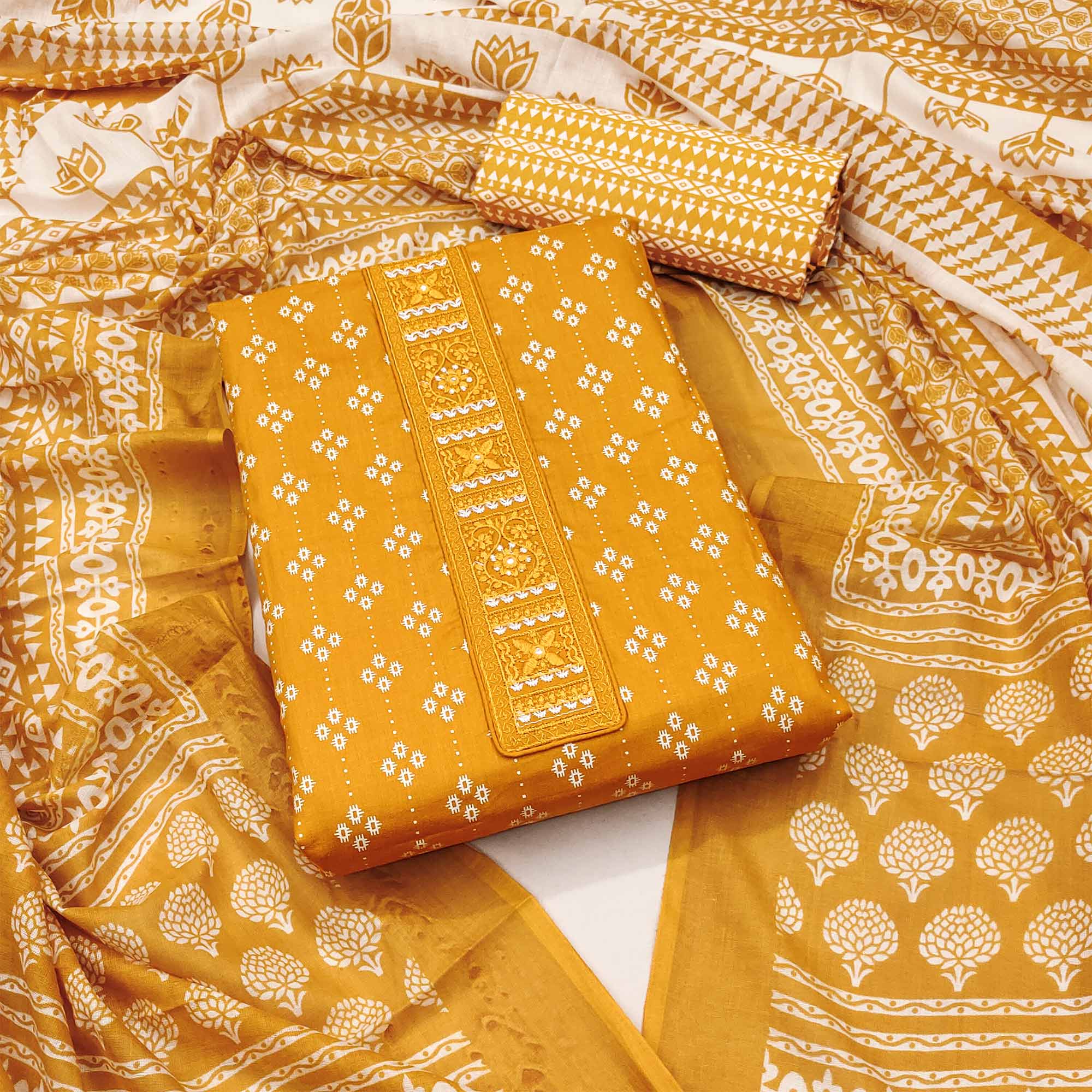 Mustard Floral Printed Pure Cotton Dress Material