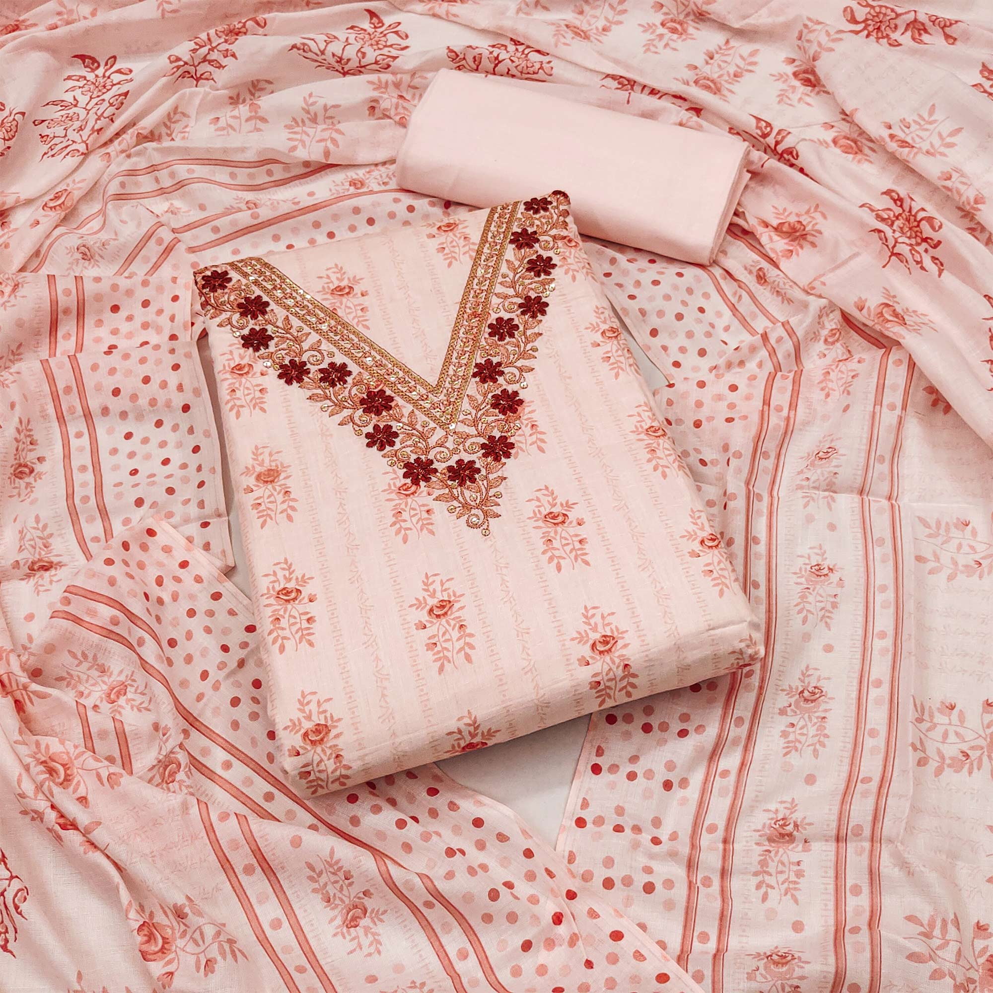 Peach Floral Printed Pure Cotton Dress Material