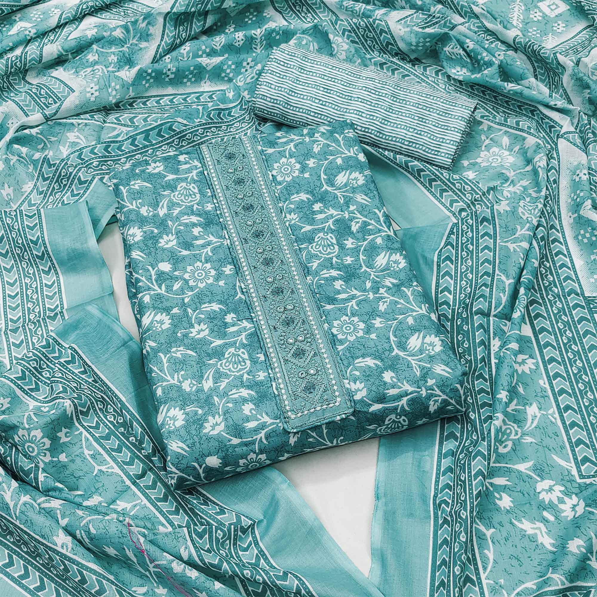 Sky Blue Floral Printed Pure Cotton Dress Material