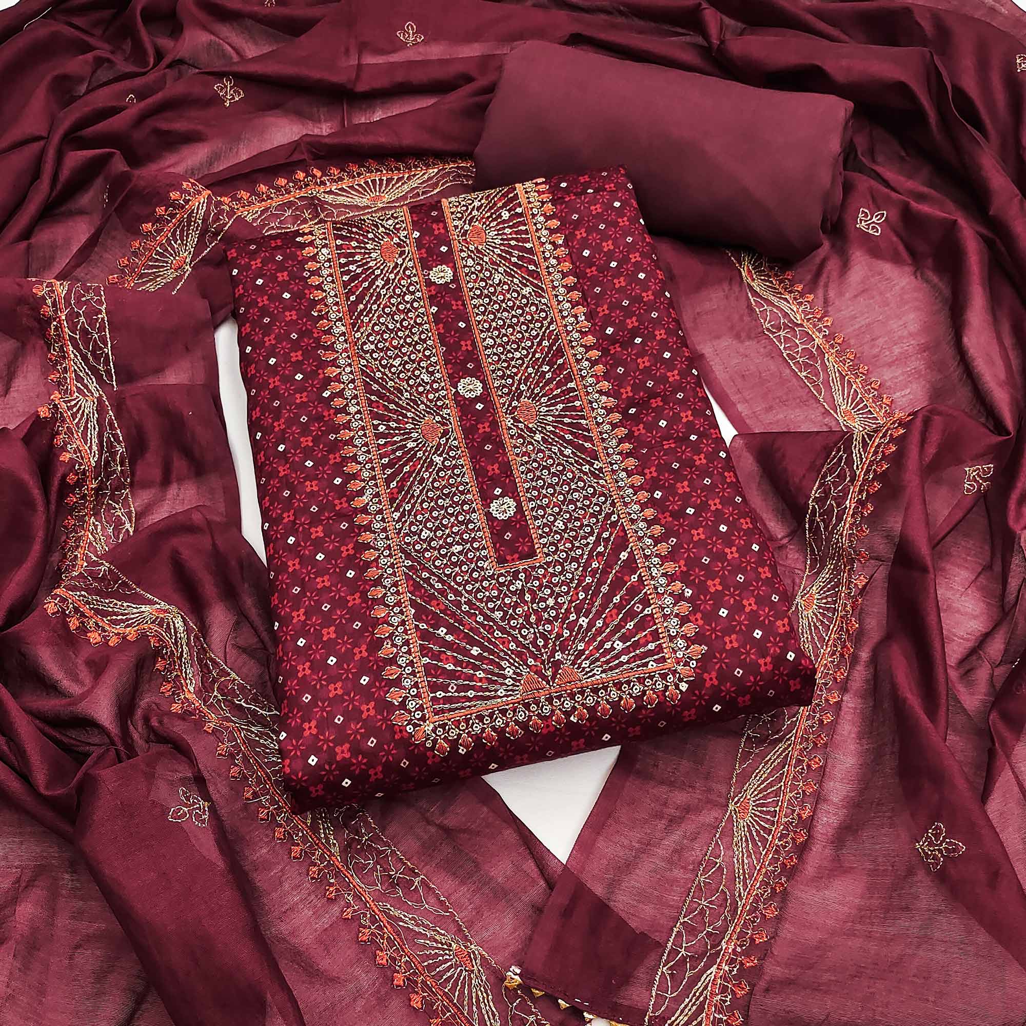 Maroon Printed With Embroidered Satin Dress Material