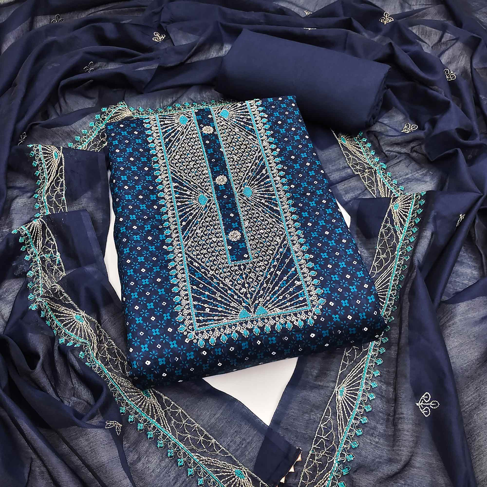 Navy Blue Printed With Embroidered Satin Dress Material