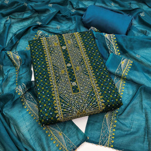 Teal Blue Printed With Embroidered Satin Dress Material