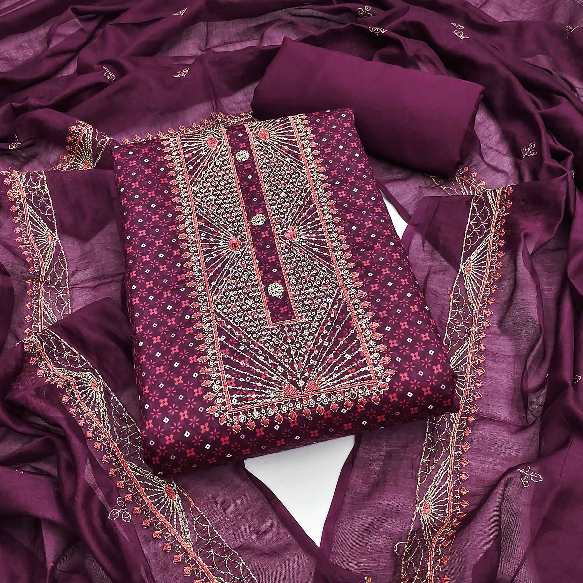 Wine Printed With Embroidered Satin Dress Material