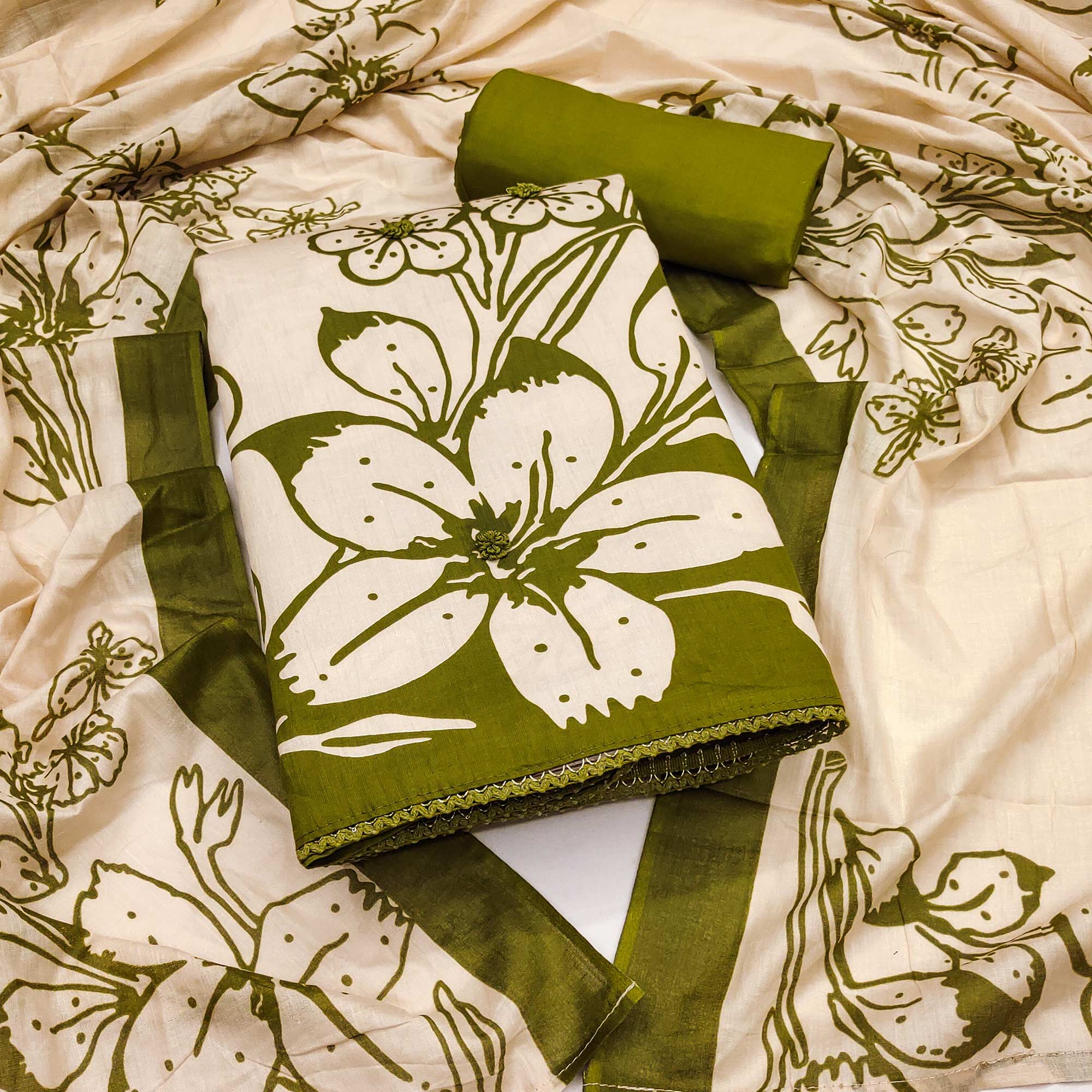 Pure Cotton Green Dress Material with Delicate Floral Print