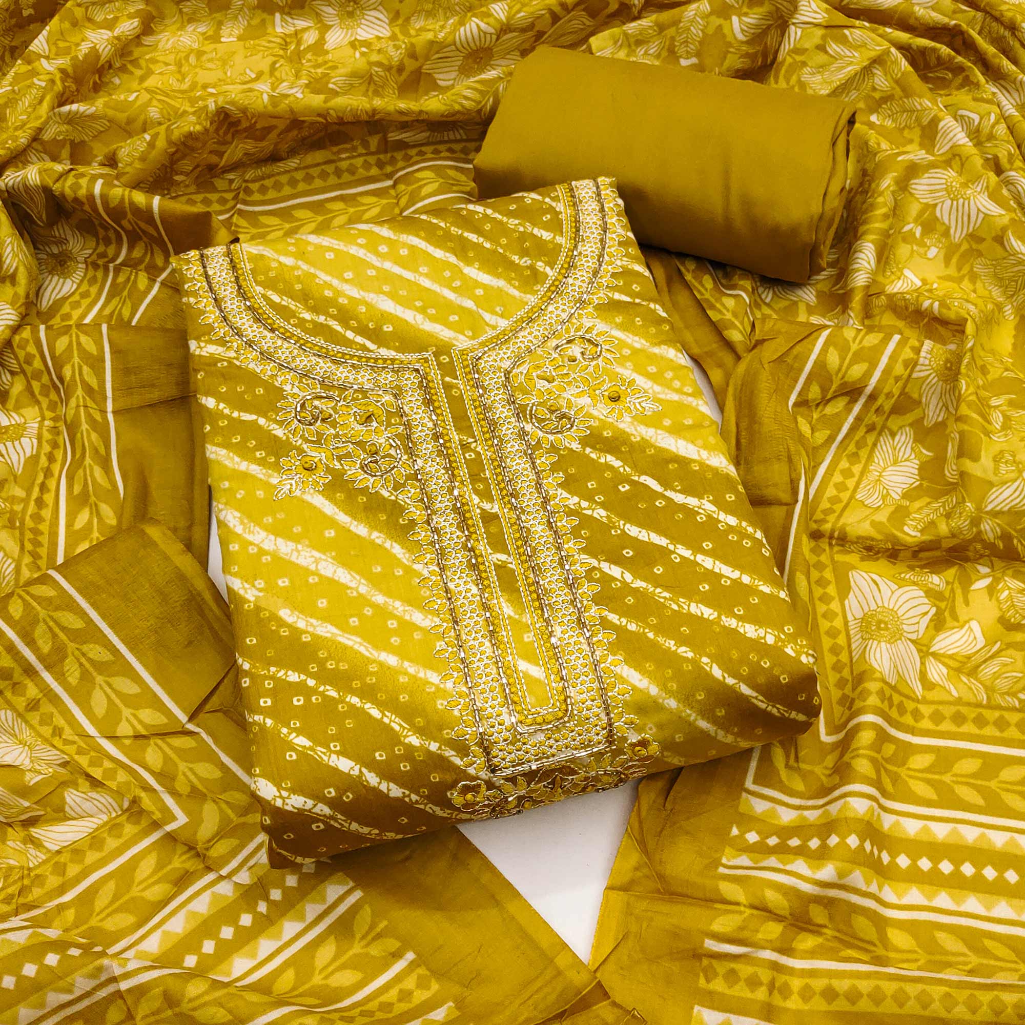 Summer Perfect Mustard Cotton Suit Material with Stripe Pattern