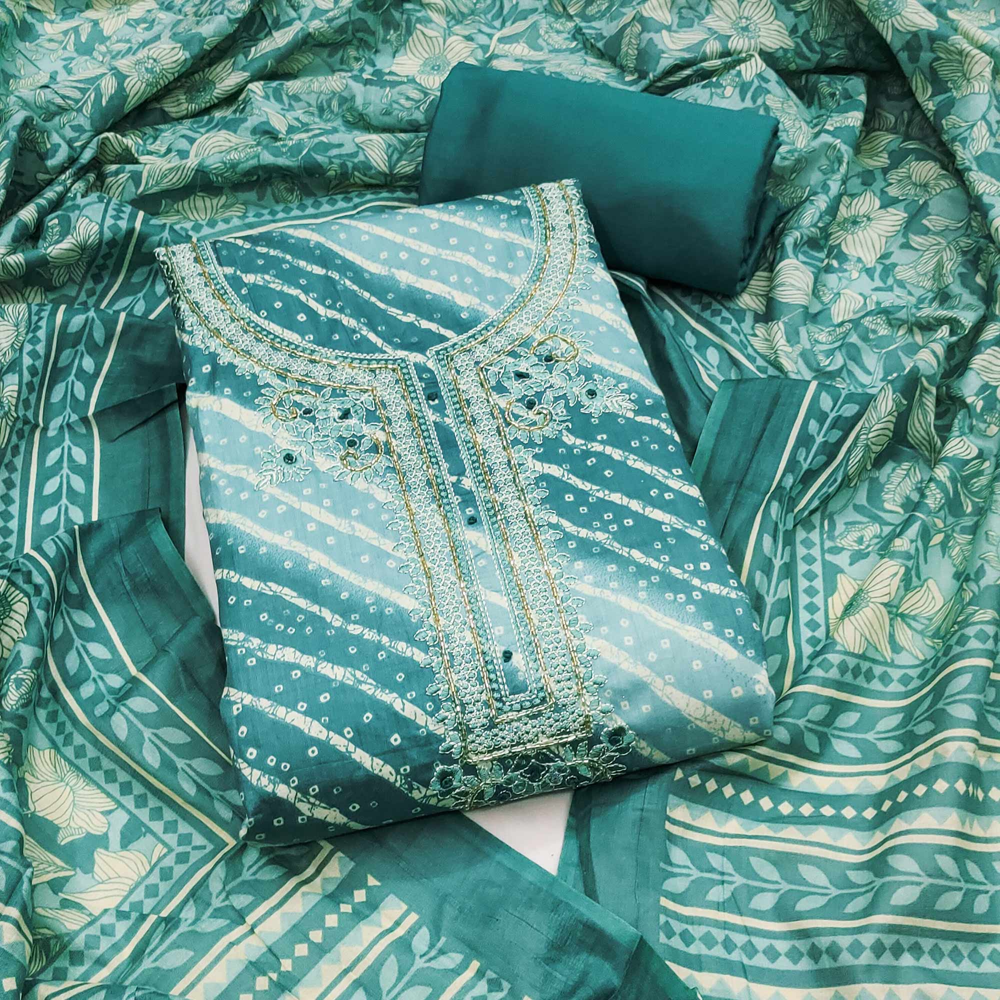 Summer Perfect Sea Green Cotton Suit Material with Stripe Pattern