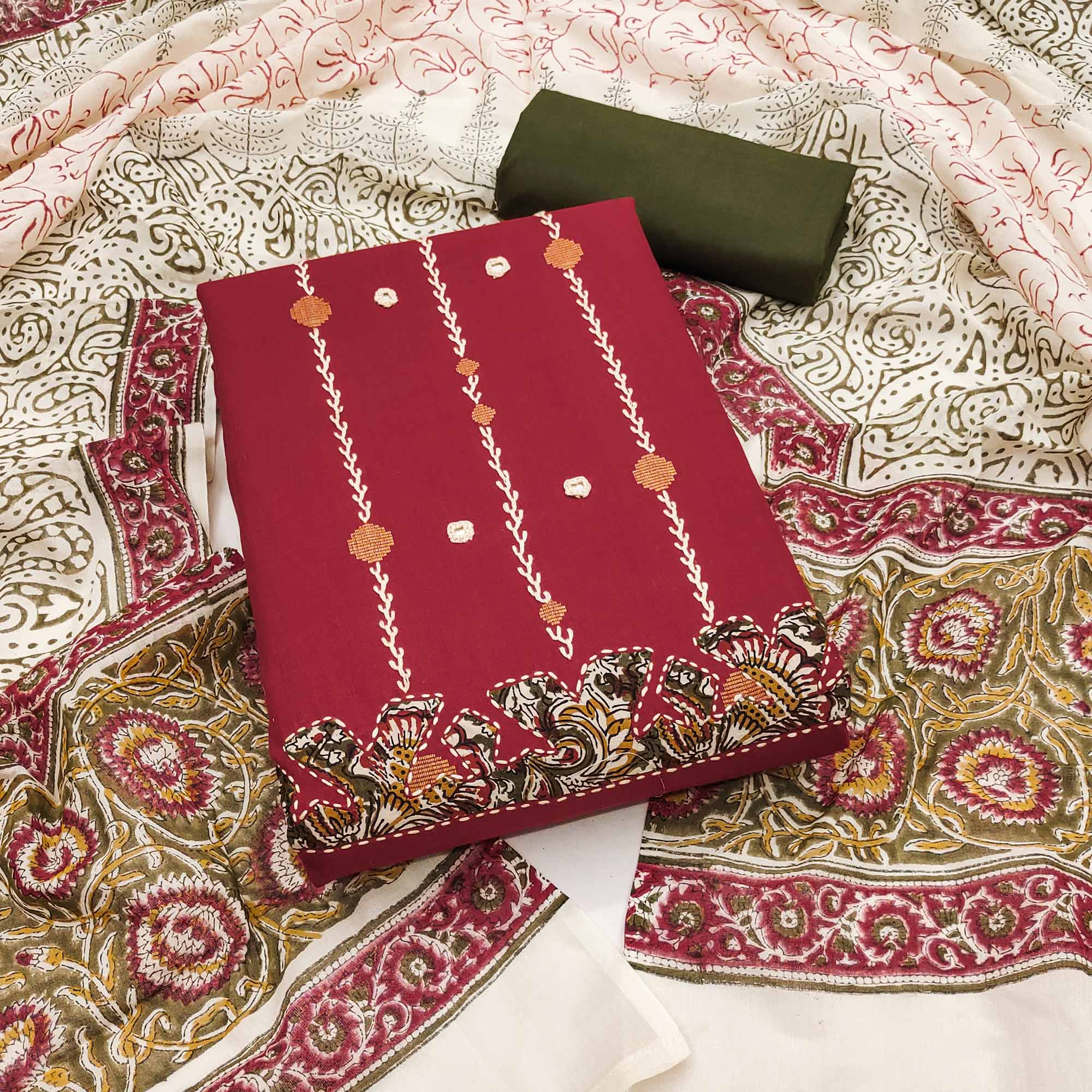 Maroon Pure Cotton Dress Material with Mirror & Embroidery Work