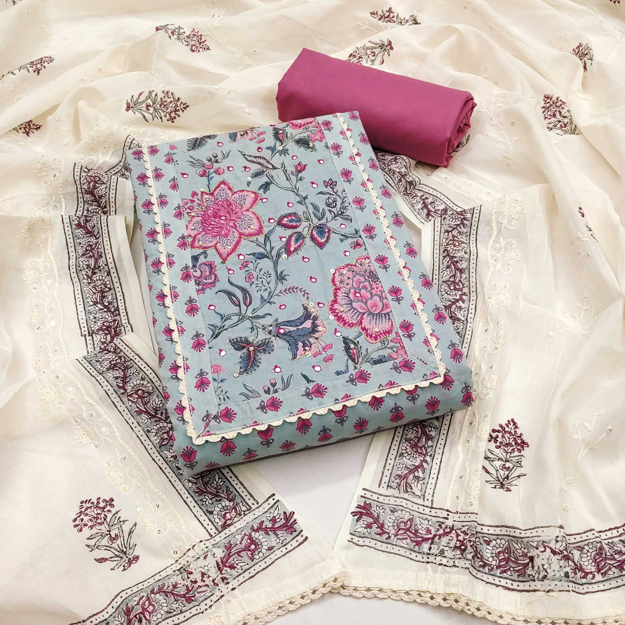 Pure Cotton Dress Material in Grey with All Over Floral Print