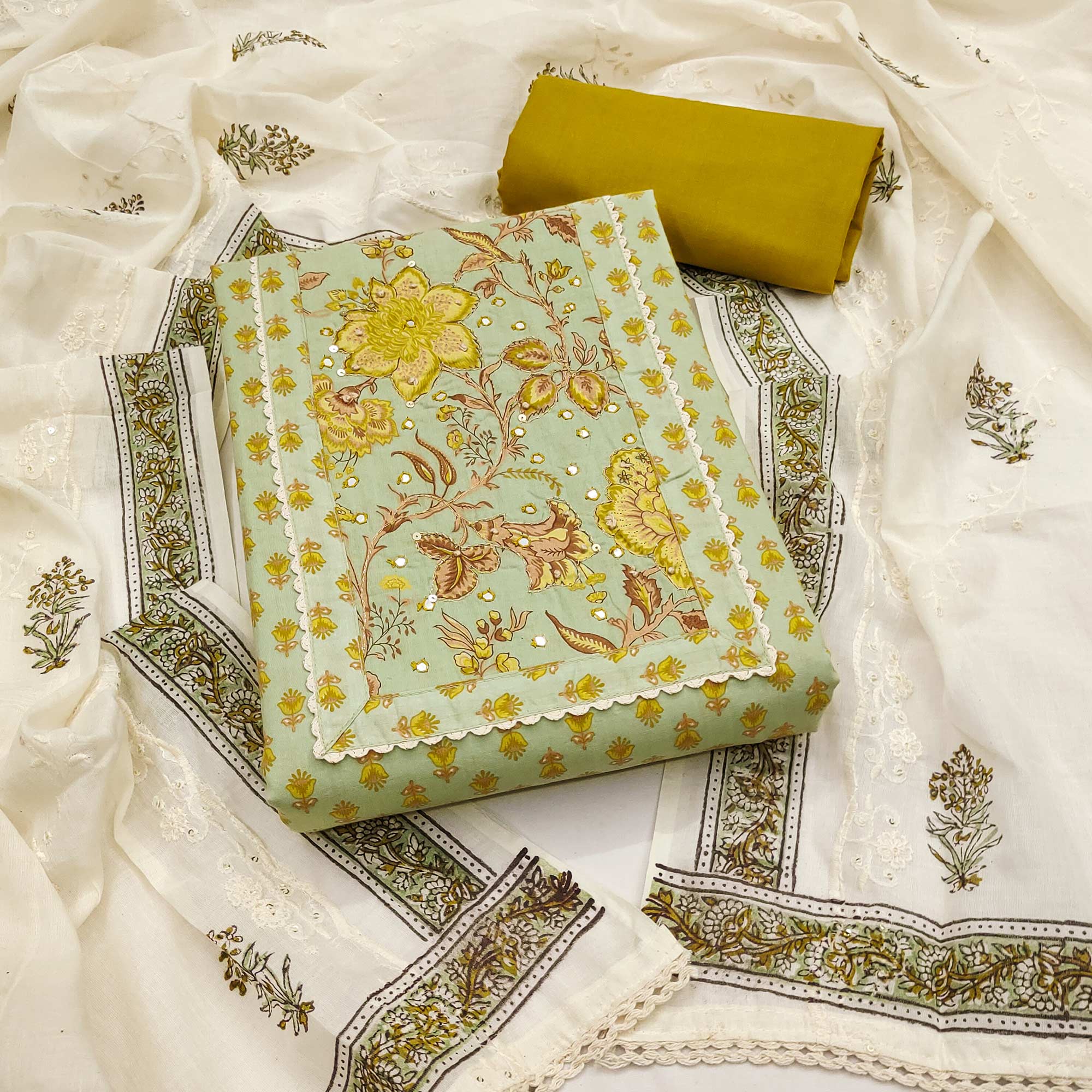 Pure Cotton Dress Material in Light Green with All Over Floral Print